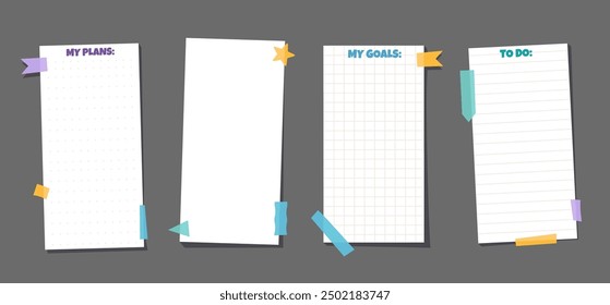 Kids stationery set with memo planners, to-do lists with cute doodle school illustrations. Template for planning, day agenda, checklists. Vector cartoon illustration for print 