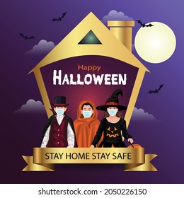 Kids stay home on Halloween trick or treat. Halloween costumes with wearing face mask. Child costume. vector illustration design. covid coronavirus concept	
