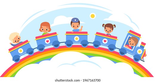 Kids steam train. Happy children carriages ride on rainbow in sky, little passengers in blue locomotive and wagons, cute boys and girls travel in baby trailers. Vector concept