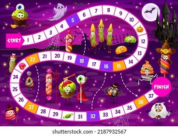 Kids step board game. Cartoon Halloween candy characters vector boardgame, children puzzle worksheet with path or way of Halloween map. Trick or treat sweets, horror pumpkin, ghost, bat and moon