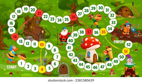 Kids step board game. Cartoon gnome and elf characters at fairytale village. Dice game, racing playing activity vector worksheet with fantasy house, gnomes cute personages working in garden and farm