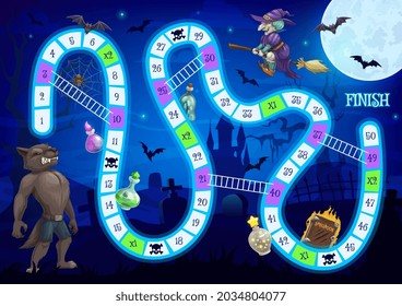 Kids step board game vector template with cartoon Halloween characters and block path. Boardgame with numbers, start and finish. Educational children riddle, family or preschool activity, recreation