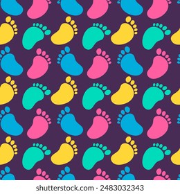 Kids Steps Seamless Pattern. Children Feet Imprints Background. Baby Footprints Colorful.