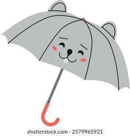 Kids stick j-handle umbrella. Mouse muzzle. Vector illustration isolated on transparent background. Parasol for rainy weather. Rain protection accessory.