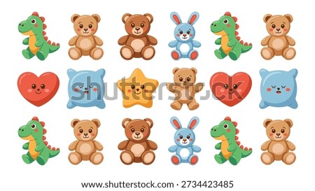 Kids sticker pack vector set with teddy bear, dinosaur, bunny, heart, star, pastel icons for nursery wall art decor collection