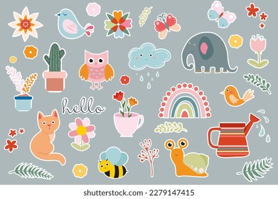 Los stickers de niños establecen el concepto de iconos en el diseño de dibujos animados planos sobre el fondo gris. Pegatinas con lindos animales y plantas de dibujos animados y cuentos de hadas. Ilustración vectorial.