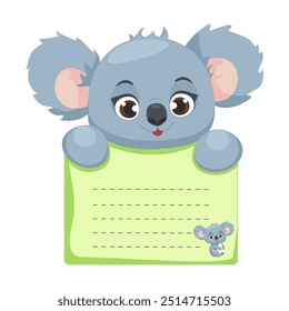 Kids sticky note with Koala, cute animal paper memo pad. Children sticky for notes, frame for photo, label, cards and invitations, checklists.