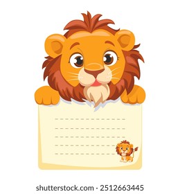 Nota pegajosa de los niños con el león, cuaderno de papel animal lindo. Niños pegajosos para notas, marco para foto, etiqueta, tarjetas e invitaciones, listas de verificación.