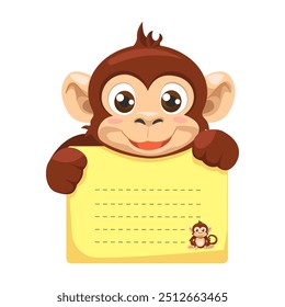 Nota pegajosa de los niños con el mono, cuaderno de papel animal lindo. Niños pegajosos para notas, marco para foto, etiqueta, tarjetas e invitaciones, listas de verificación.