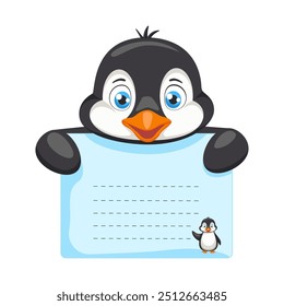 Nota pegajosa de los niños con el pingüino, cuaderno de papel animal lindo. Niños pegajosos para notas, marco para foto, etiqueta, tarjetas e invitaciones, listas de verificación.