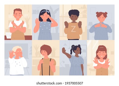 Kids stop poses and gestures vector illustration set. Cartoon angry upset child character saying stop, posing with crossing arms over chest, children showing negative expressions collection background