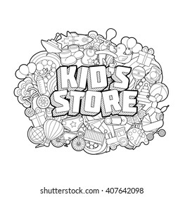 Kid`s Store - Hand Lettering and Doodles Elements Sketch.
Vector illustration