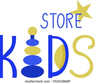 Kinder speichern Logo Vektorgrafik. gelbe, handgeschriebene Schriftart. Leerzeichen für Unternehmen im Stil der doodle-Kunstlinie. Farbpyramidenstern