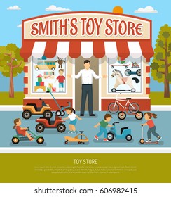 Kids store products children toy shop composition with boutique building seller and infants with bicycles playcars vector illustration