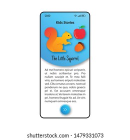 Kids stories smartphone interface vector template. Mobile app page blue and white design layout. Children reader screen. Flat UI for application. Fairy tales about animals phone display
