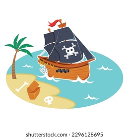 kids story book about pirate ship near island with coconut tree, skull and treasure box cartoon vector illustration design