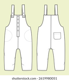 Kids strap dungarees technical drawing fashion flat illustration sketch vector illustration template front and back views outline CAD mockup