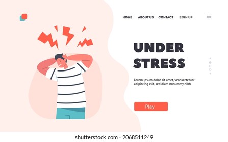 Kids Stress Landing Page Template. Furious Boy Gnash Teeth with Flashes above Head, Feel Depression and Headache. Kid Character Suffering of Migraine or Life Problems. Cartoon Vector Illustration