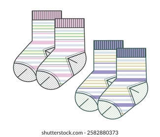 Kids stripe socks design technical flat sketch vector mockup template.