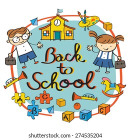 Kids, Student back to School Heading, Drawing Style, Kindergarten, Preschool, Education, Learning and Study Concept