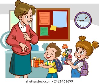 Kids student giving bouquet of flowers to her teacher, Flat simple illustration for happy teachers day. 