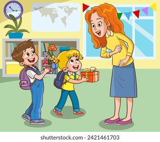 Kids student giving bouquet of flowers to her teacher, Flat simple illustration for happy teachers day. 