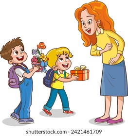 Kids student giving bouquet of flowers to her teacher, Flat simple illustration for happy teachers day. 