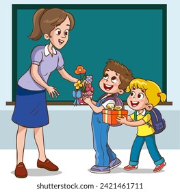 Kids student giving bouquet of flowers to her teacher, Flat simple illustration for happy teachers day. 