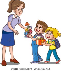 Kids student giving bouquet of flowers to her teacher, Flat simple illustration for happy teachers day. 