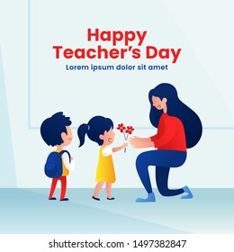 Kids student giving flower to her teacher flat illustration for happy teacher's day background poster concept. Modern flat style graphic design.