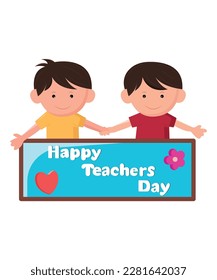 Kids student giving wishes to her teacher flat illustration for happy teacher's day background poster concept.