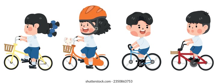  kids student riding bicycle going to school set