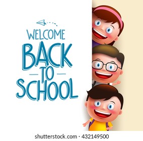 Kids student vector characters holding white board with blank space for text with welcome back to school written. Vector illustration
