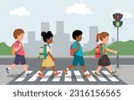 Kids students with backpack walking crossing road near traffic light on zebra crossing on the way to school