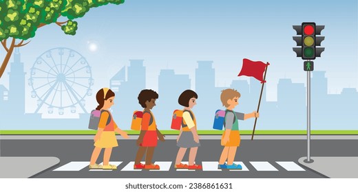 Kids students with backpack walking crossing road near traffic light on zebra crossing, vector illustration.