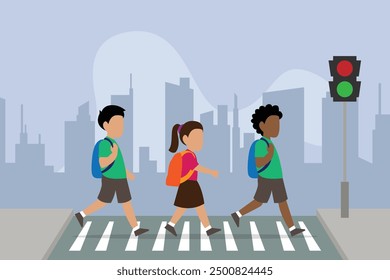 Niños estudiantes con mochila caminando cruzando la carretera cerca del semáforo en el cruce de cebra en el camino a la escuela Ilustración vectorial plana 2d