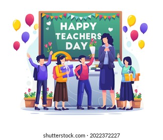 Kids students give gifts and flowers to their teacher on Teacher's Day. Flat vector illustration