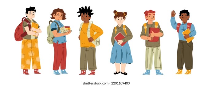 Kids students or pupils with backpacks and textbooks. Preteen boys and girls characters stand in row with books. Children education, learning or studying, Back to school Linear cartoon flat vector set