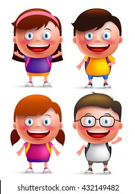 Kids students vector characters set with happy faces and hand gestures wearing backpacks for back to school isolated in white background. Vector illustration
