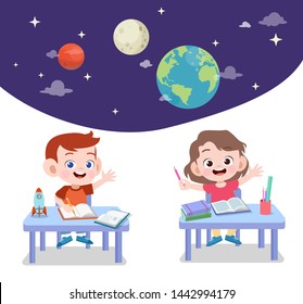 kids study astronomy vector illustration