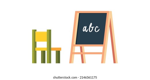 Kids study classroom furniture and abc on chalk blackboard preschool flat vector illustration.