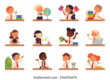 Kids study at desk. Kid studying with laptop, boy sit and doing homework. Young student write exam, girl thinking at table, decent vector characters