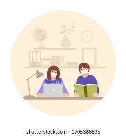 Kids study from home. Home schooling concept. Girl and boy in medical mask read book and do homework with laptop. Covid-19 quarantine self-isolation stay home concept. Vector flat illustration.