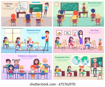 Kids study language, draw at geometry, do experiments at chemistry, paint in arts class and explore world with geography teacher vector illustrations.