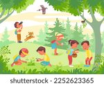Kids study nature. Inquisitive researchers. Naturalists observe plants. Schoolkids find insects and fungi. Forest glade with children. Scout boys and girls. Splendid