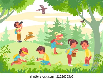 Kids study nature. Inquisitive researchers. Naturalists observe plants. Schoolkids find insects and fungi. Forest glade with children. Scout boys and girls. Splendid