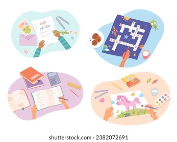 Kids study, play at table, top view set vector illustration. Cartoon isolated education scenes with childs hands holding pen or brush to write letter with greeting card, painting and solving crossword