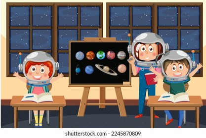 Kids studying astronomy planet illustration