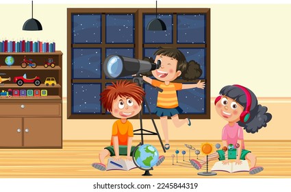 Kids studying astronomy with telescope illustration