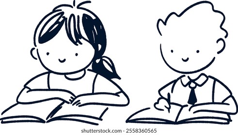 Kids Studying Elementary School Study Cute Hand-Drawn Doodle Vector Set Illustration Education Concept